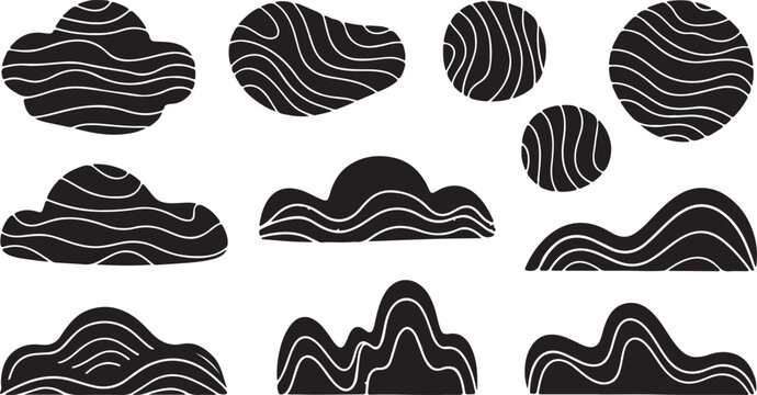 Hand-Drawn Black Abstract Shapes with White Wavy Lines &ndash; Minimalist Organic Clouds and Circles Set