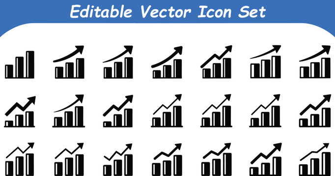 Editable vector icon set of bar charts with upward trend arrows for business growth and financial