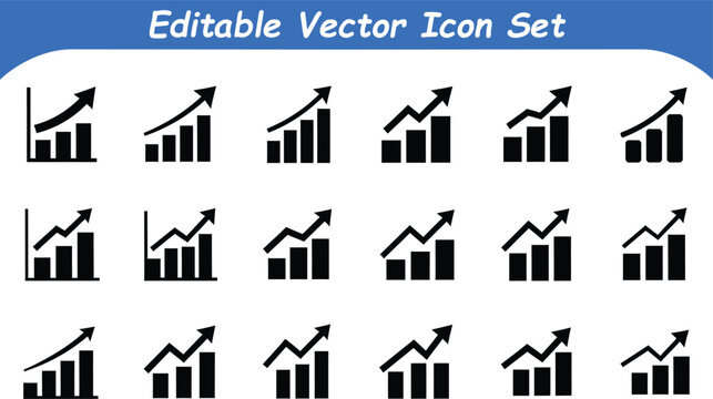 Editable vector icon set of growth charts and upward trending bar and line graphs with bar chart