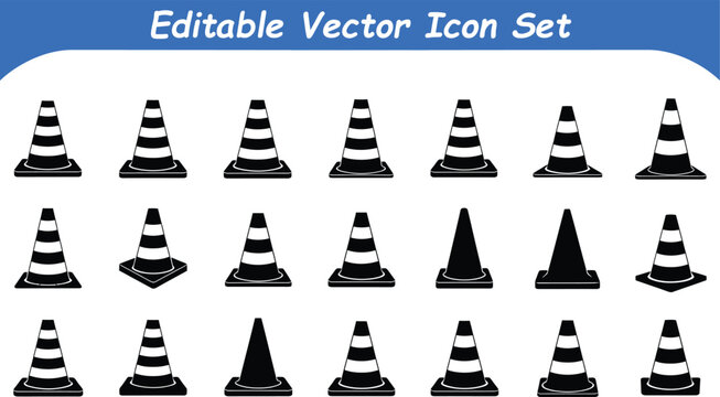 Editable vector icon set of traffic cones and road safety barriers for construction with safety cone