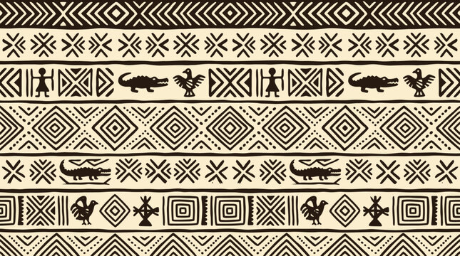 African Tribal Seamless Pattern with Geometric Shapes, People, and Animal Motifs Vector