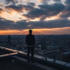 Fototapeta premium Lone figure surveys vast city from rooftop at dramatic sunset with sunbeams