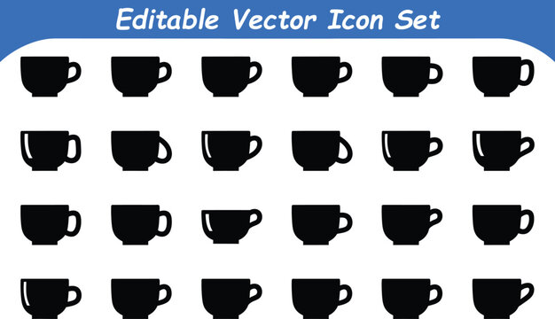 Editable vector icon set of coffee cups and mugs for hot beverages with coffee cup, tea cup