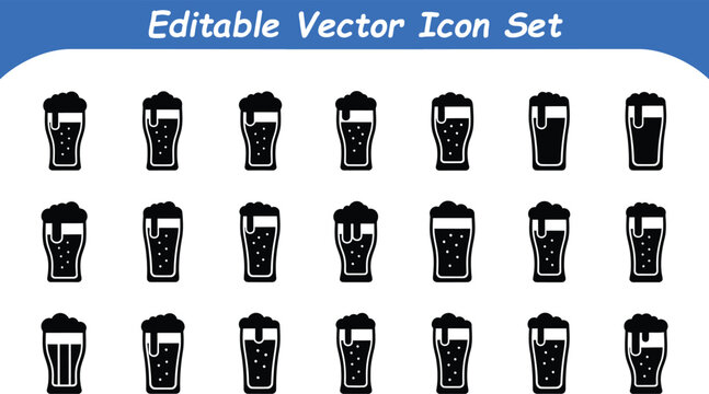Editable vector icon set of beer glasses and pints with froth beer glass pint glass beer mug