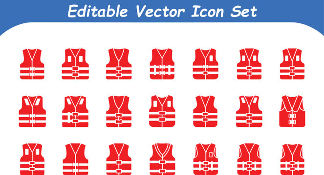 Editable vector icon set of red life vests and life jackets with life vest life jacket safety vest