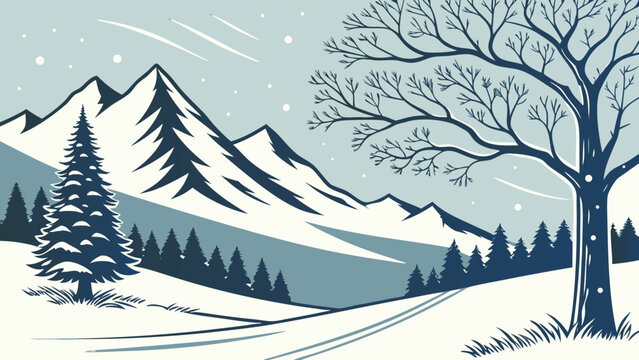 Winter landscape vector illustration with snow covered mountains pine trees and bare tree