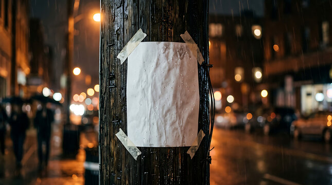 Empty Poster in the Rain: A blank, crumpled poster taped to a weathered pole, illuminated by streetlights in a rainy night scene, inviting speculation and contemplation.