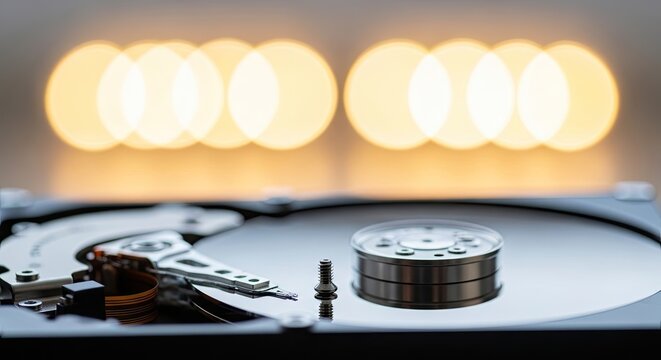 Open Hard Drive with Read Write Head and Platter Data Storage.