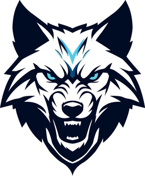 Aggressive wolf mascot head vector, fierce timber wolf esports logo with blue eyes, snarling wild animal face for gaming and sports branding