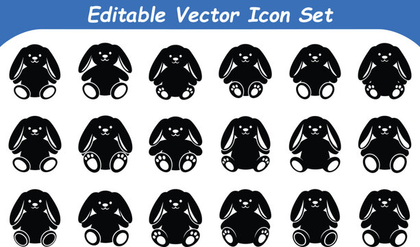 Cute sitting bunny rabbit animal editable vector icon set with childhood character adorable