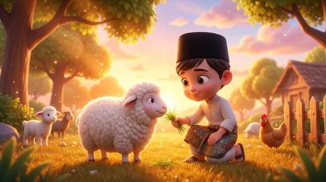 Cute Cartoon Boy Feeding Sheep in a Rural Village Setting.