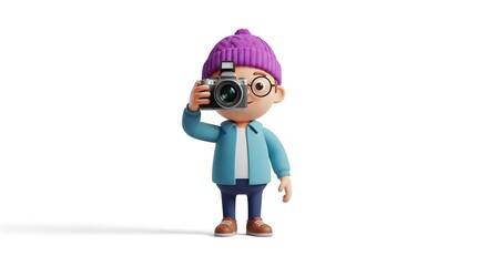 Fototapeta premium Creative photography concept, modern 3D cartoon character holding a camera