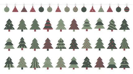 Obraz premium Collection of festive Christmas trees and ornaments in a flat design style