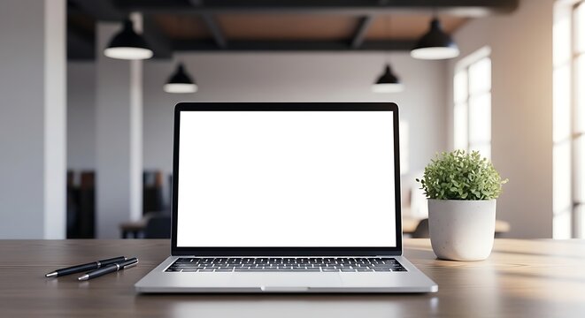 Modern office workspace with laptop and plant