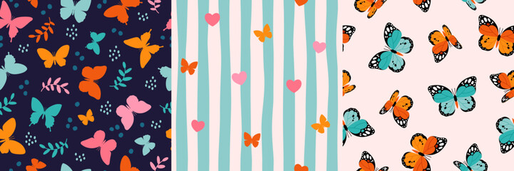 Obraz premium Cute spring butterfly pattern set, retro grid, dots, wavy lines, and hearts. Romantic background textile design. Nature graphic element, summer pastel wallpaper. Blue orange pink colors