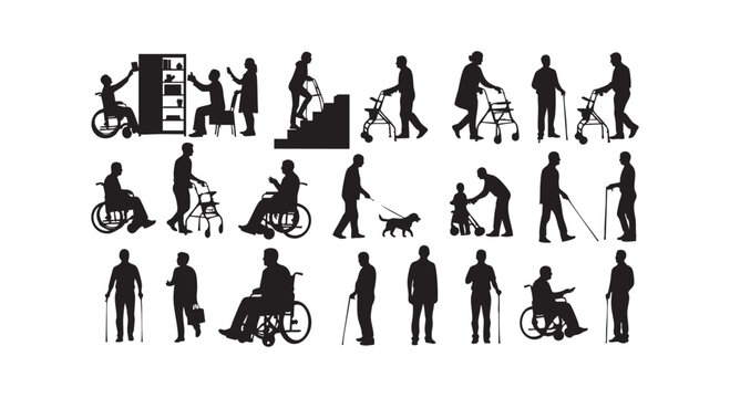 Elderly and disabled people silhouettes, various scenes depicting daily life and assistance, inclusive society.
