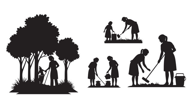 Vintage gardening silhouettes set, women planting and watering trees vector, rural farming and agriculture scene icons, black garden work graphics