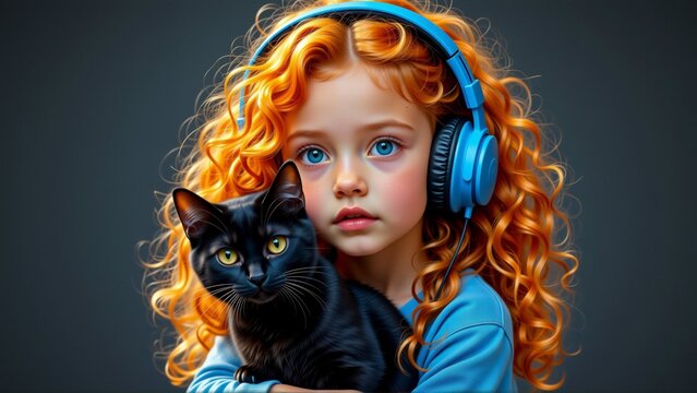 digital illustration young girl curly orange hair blue eyes she wearing blue shirt has pair blue headphones her head girl holding black cat her arms cat looking directly camera curious expression