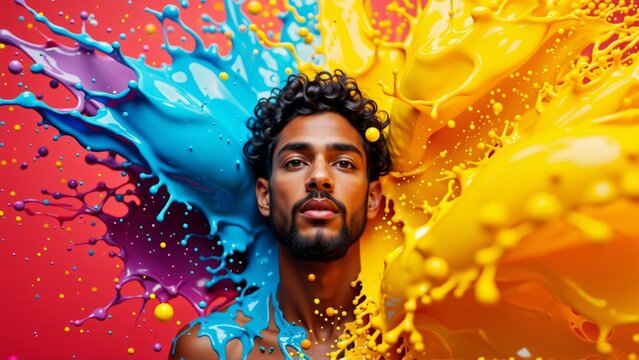 portrait young man curly hair beard looking directly camera serious expression his face background vibrant red color splashes different colors including blue pink yellow orange splashes arranged way