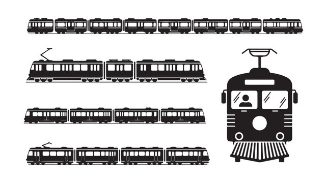 Modern train silhouette vector set, black subway and tram icons, public transport railway collection, urban transit commuter rail graphics