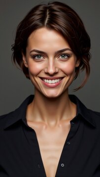 portrait young woman big smile her face she wearing black collared shirt her hair styled loose waves her eyes bright her eyebrows perfectly groomed she has natural looking complexion her lips