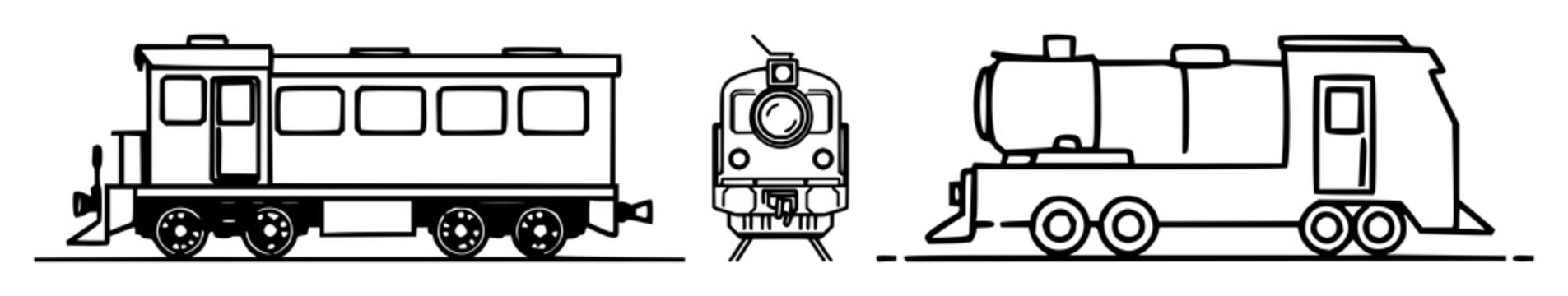 Train set with black line art on white background featuring train icon, rail, transportation with silhouette and single line