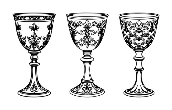 Ornate silver chalice set with detailed engravings featuring a stemmed cup, decorative goblet, and elegant drinkware with luxurious design and antique style