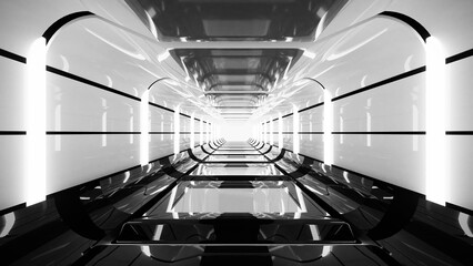 Fototapeta premium Futuristic clean tunnel interior with glossy floor and light symmetry