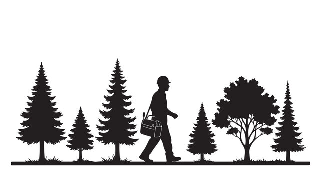 Lumberjack silhouette walking through pine forest, professional arborist with tool bag in woodland, forestry worker and evergreen trees vector