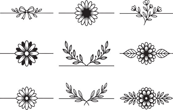 Set of six decorative floral and bow line art elements