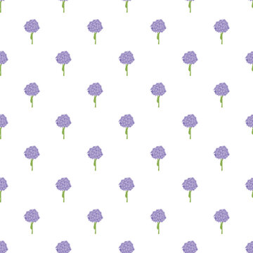 Purple hydrangea flowers repeating across a white background, forming a seamless floral pattern