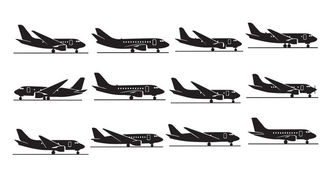 Airplane silhouette collection, set of 12 commercial aircraft icons on runway, black aviation vector graphics for travel and logistics design