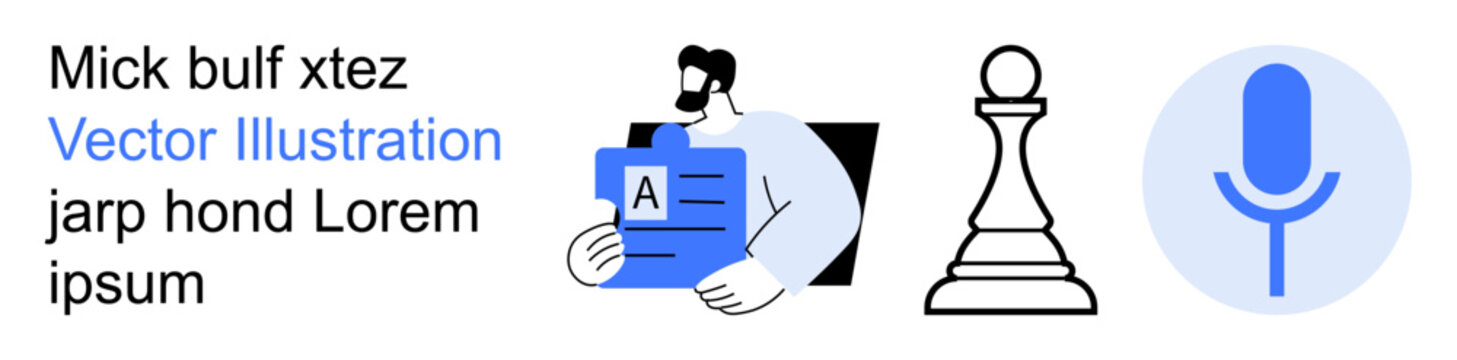Data analysis, content creation, voice command, language learning, strategic decision-making, professional tools. A man holding a document, a chess piece and a microphone icon. Data analysis