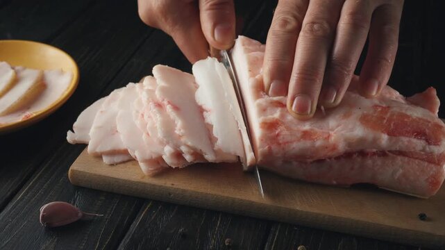 Person slices fresh pork belly on a wooden cutting board with a yellow plate of sliced meat and garlic clove visible in the background