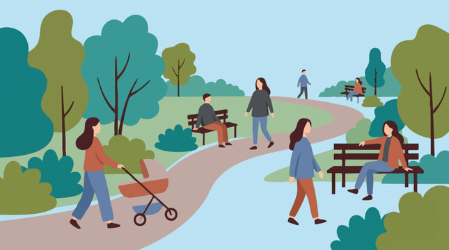 People enjoying leisure activities in a park with flat design illustration