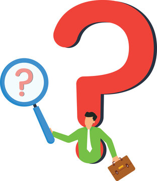 Businessman searching question mark problem solving business concept magnifying glass finding solution flat design inquiry symbol research process corporate investigation
