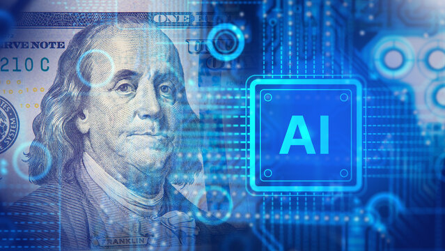 Financial technology, artificial intelligence chip and US dollar banknote symbolize AI investment, digital economy and fintech innovation