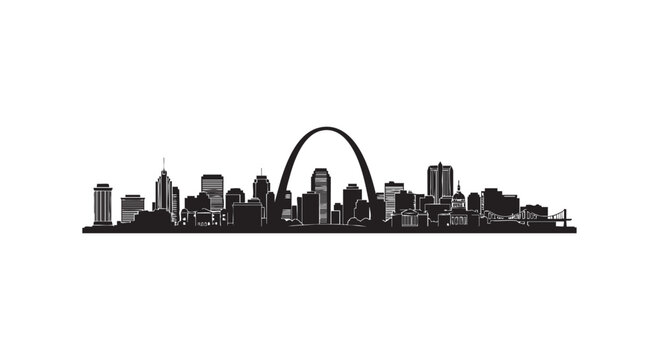 Iconic cityscape silhouette of St. Louis, Missouri, featuring its famous landmarks including the Gateway Arch.