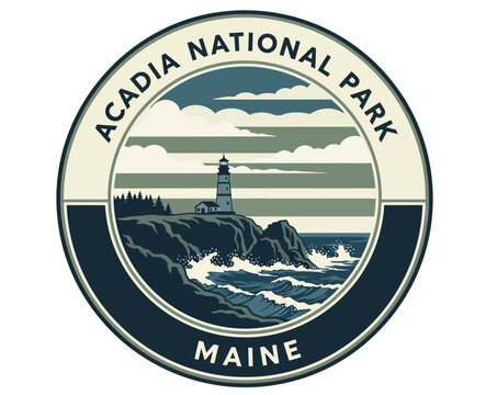 Circular vector emblem featuring Acadia National Park with a lighthouse on a rocky shore, ocean waves, and pine trees under a cloudy sky.