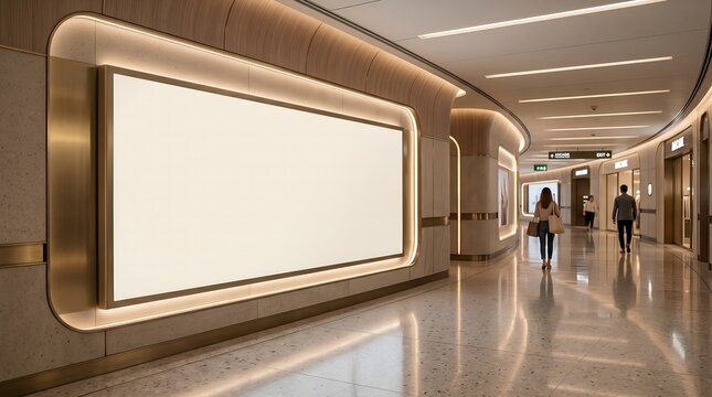 A large blank advertisement board hangs on the wall in a long corridor with people walking by.