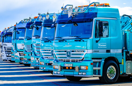 Munich, Germany - April 21: typical mercedes trucks at the theresienwiese in Munich on April 21, 2023