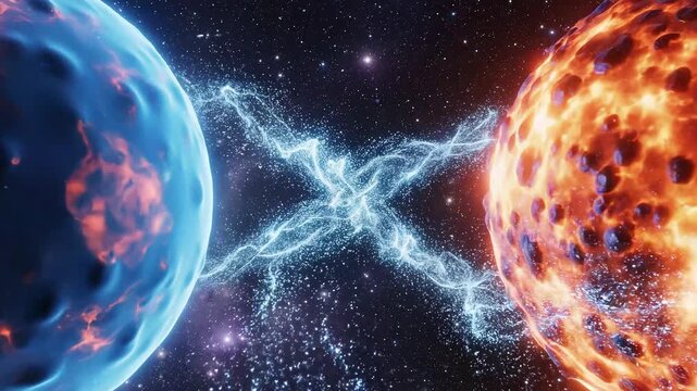 Cosmic collision animation of two celestial bodies in deep space