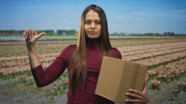 Brunette woman wearing burgundy top holds a cardboard box and points thumb to self in a tulip field; confidence delivery.
