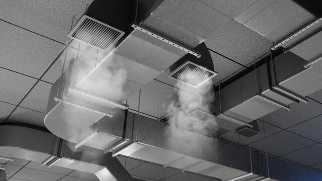 HVAC ventilation, smoke leaks from ceiling air ducts during building system testing and maintenance inspection