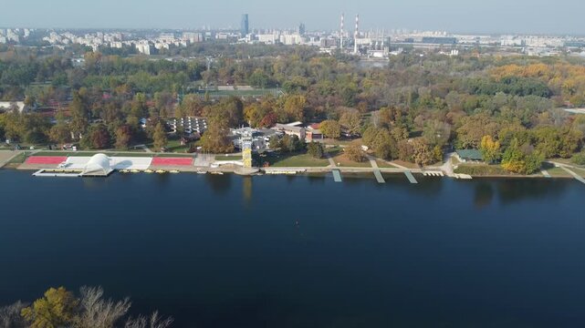 Aerial drone video of Ada lake in autumn, panoramic view, Belgrade, Serbia.