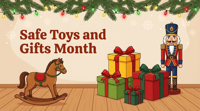 Safe toys and gifts month promotional graphic featuring a rocking horse nutcracker and presents