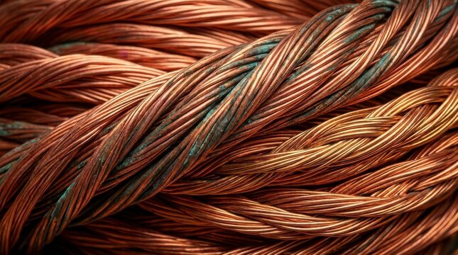 Close-up of thick braided copper wire with patina