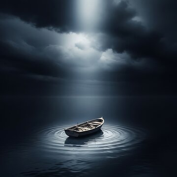 Lone skiff adrift on dark water under a single dramatic beam of light
