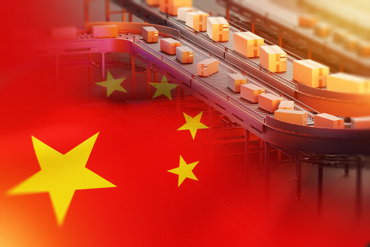 China logistics, parcel sorting. Conveyor system moves shipping boxes in automated warehouse for ecommerce, export and supply chain operations.