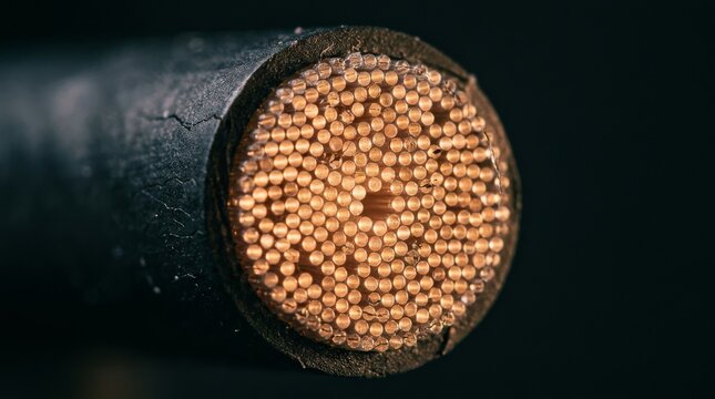 Close-up of thick electrical cable cross-section with copper wires